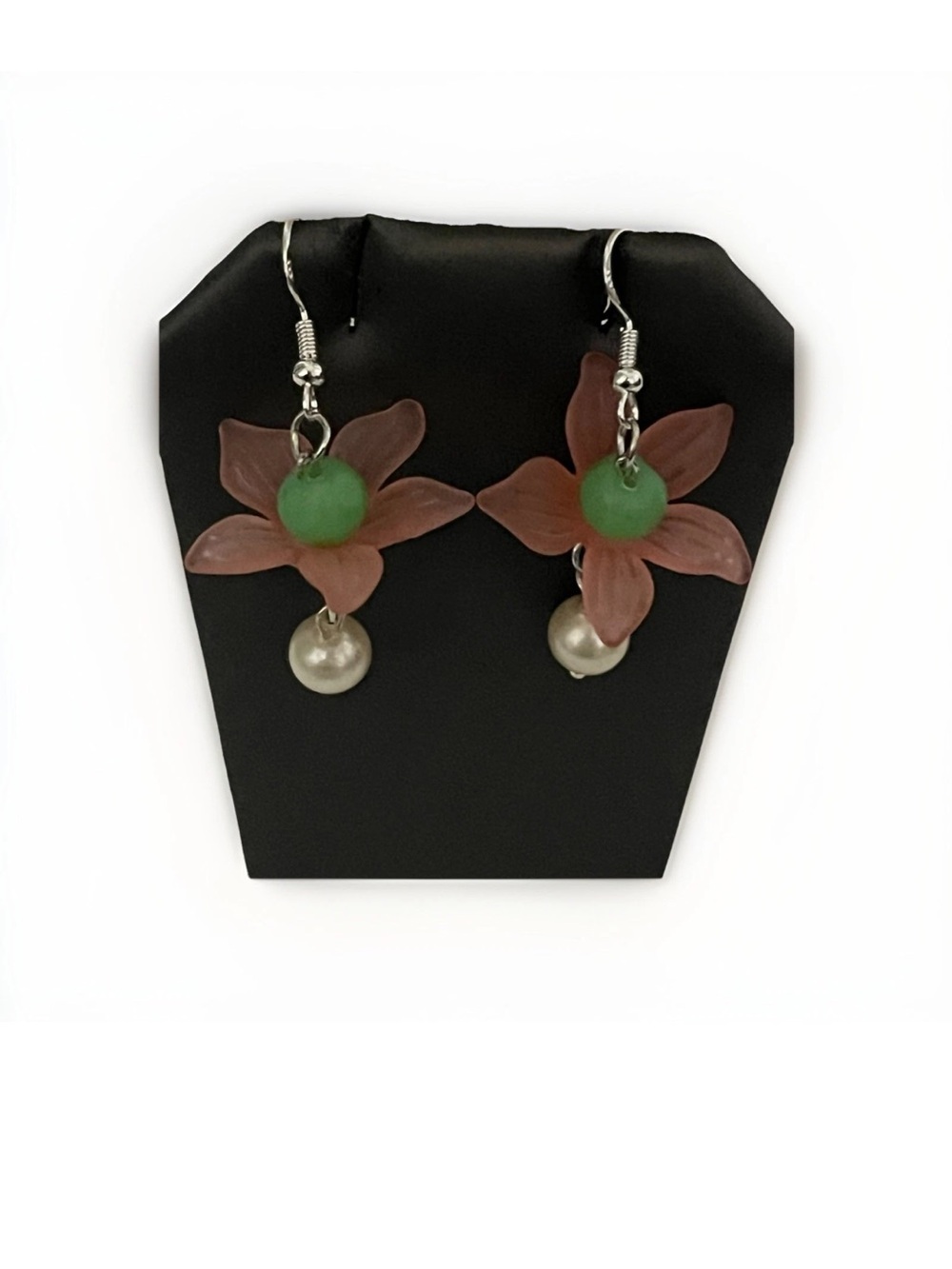 Pink Tulip Glass Flower Dangle Earrings With Pearl Drop And Green Leaf Accents - Picture 3 of 5